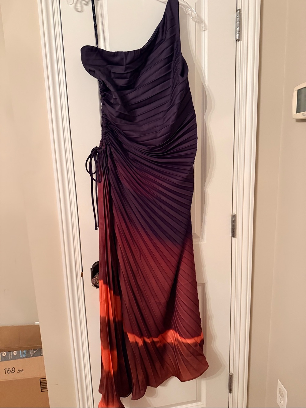 City Chic One-Shoulder Ombre Pleated Gown in Purple and Orange